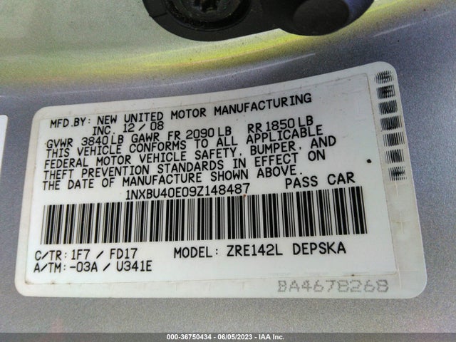 2009 TOYOTA COROLLA VIN: 1NXBU40E09Z148487