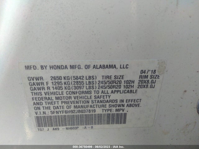 Honda Pilot Touring 2018 5FNYF6H92JB037819 Image 9