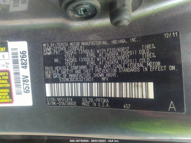 2012 TOYOTA SIENNA XLE AAS/XLE/LTD VIN: 5TDYK3DCXCS213851
