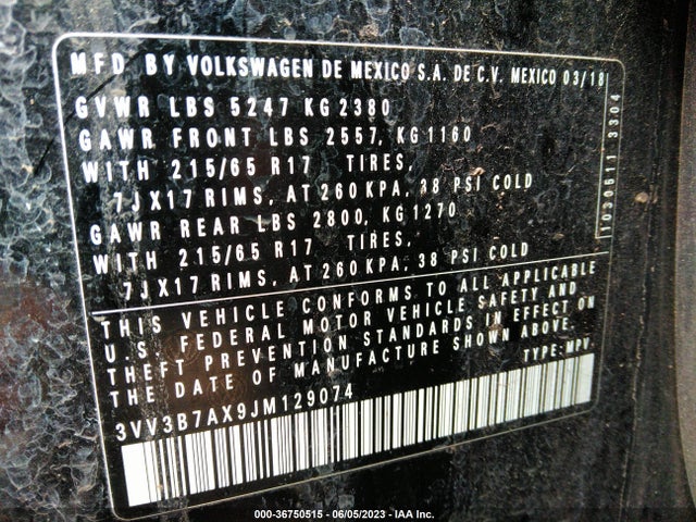 3VV3B7AX9JM129074 Volkswagen Tiguan Sel/se