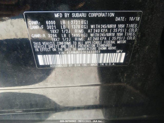 2019 SUBARU ASCENT PREMIUM VIN: 4S4WMAFD1K3433869