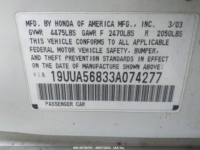 2003 ACURA TL TYPE S VIN: 19UUA56833A074277