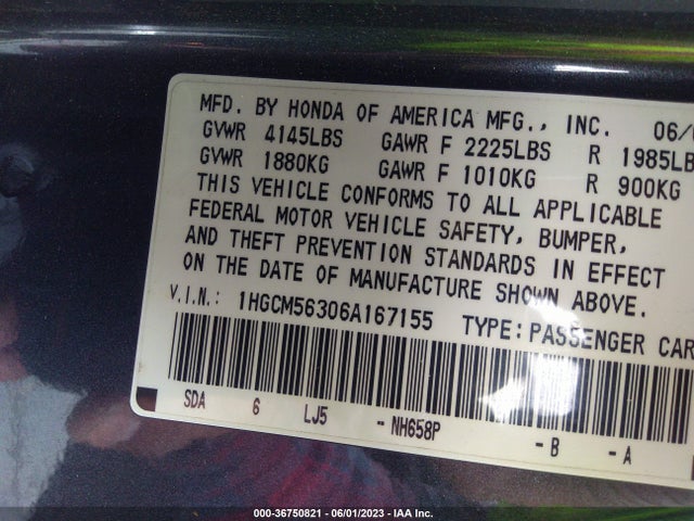 2006 HONDA ACCORD SDN LX SE VIN: 1HGCM56306A167155
