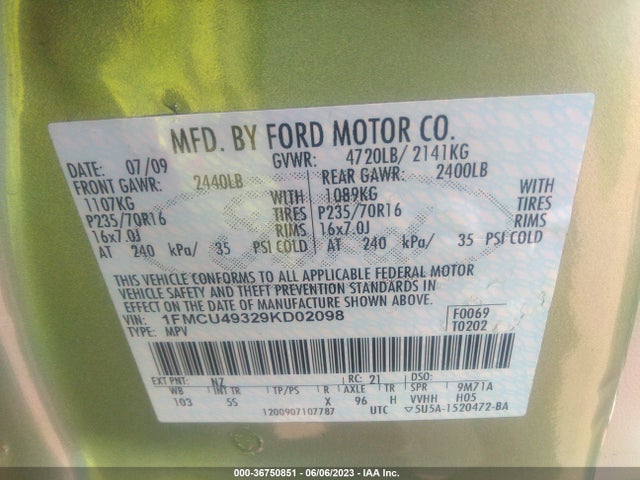 2009 FORD ESCAPE HYBRID VIN: 1FMCU49329KD02098