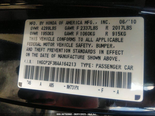 2010 HONDA ACCORD SDN LX VIN: 1HGCP2F38AA164213