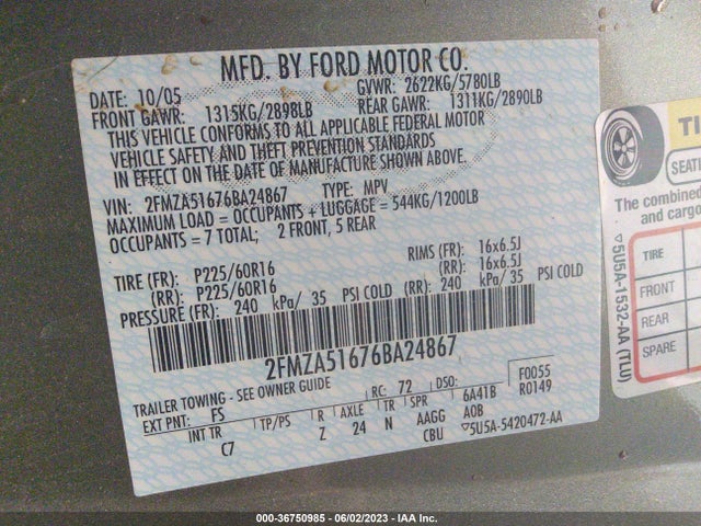 2006 FORD FREESTAR WAGON SE VIN: 2FMZA51676BA24867