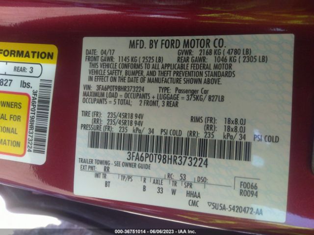 3FA6P0T98HR373224 Ford FUSION SE