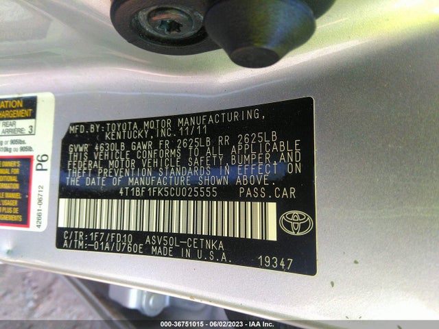 2012 TOYOTA CAMRY L/LE/SE/XLE VIN: 4T1BF1FK5CU025555