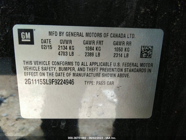 2015 CHEVROLET IMPALA LT VIN: 2G1115SL9F9224946