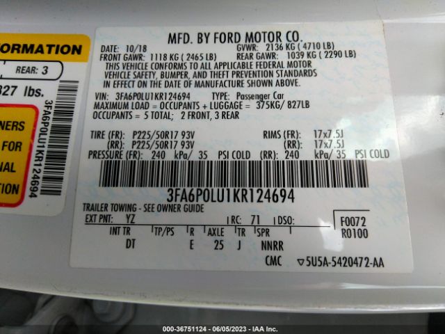 3FA6P0LU1KR124694 Ford Fusion Hybrid Se