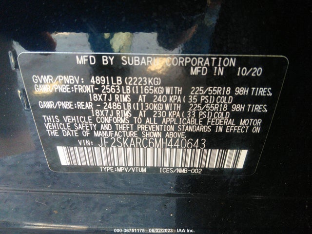 2021 SUBARU FORESTER SPORT VIN: JF2SKARC6MH440643
