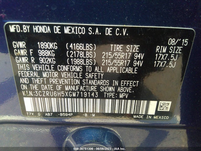 Honda HR-V EX 2016 3CZRU6H5XGM719143 Image 9