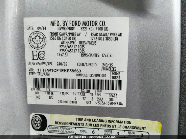 1FTFW1CF1EKF58563 Ford F-150 Xl/stx/xlt/fx2/lariat
