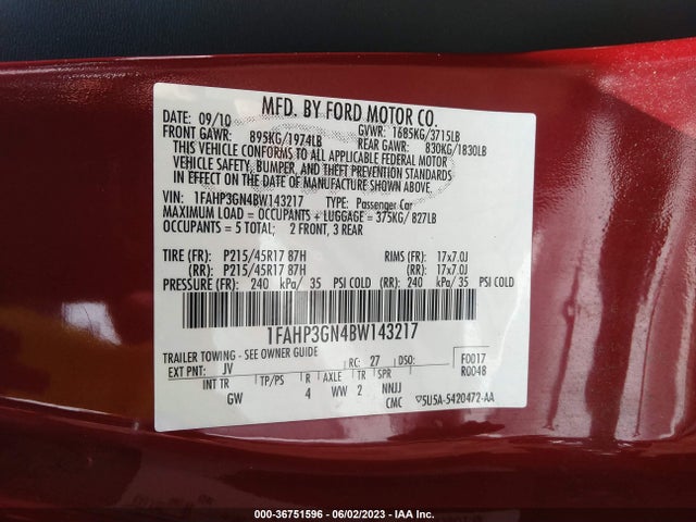 36751596 :رقم المزاد ، 1FAHP3GN4BW143217 vin ، 2011 Ford Focus Ses مزاد بيع
