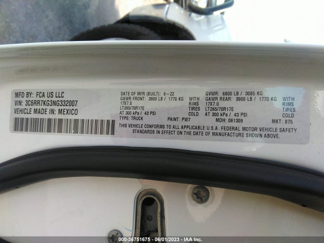 2022 RAM 1500 CLASSIC TRADESMAN VIN: 3C6RR7KG3NG332007