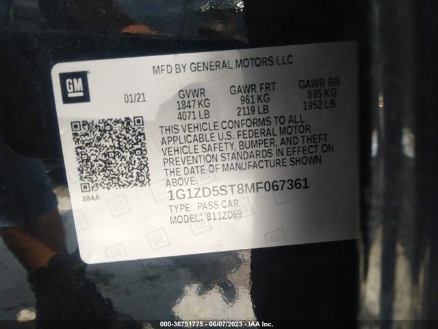 2021 CHEVROLET MALIBU LT VIN: 1G1ZD5ST8MF067361