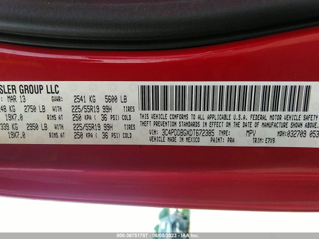 2013 DODGE JOURNEY SXT VIN: 3C4PDDBGXDT672385