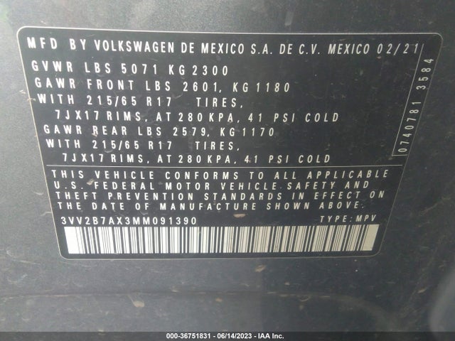 3VV2B7AX3MM091390 Volkswagen Tiguan Se/se R-line Black/sel