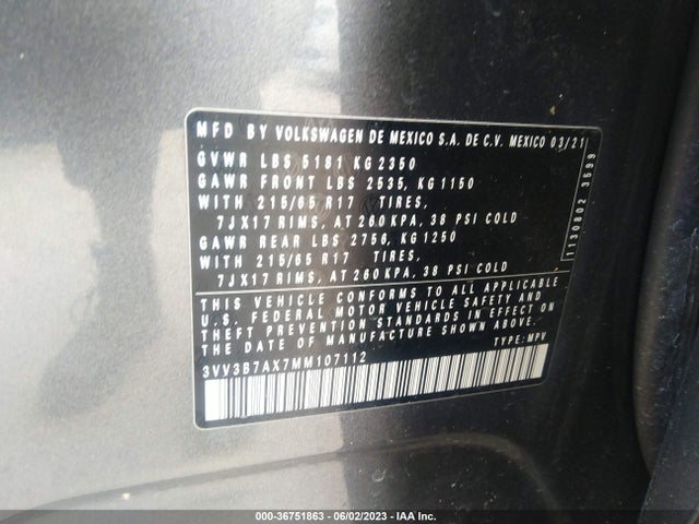 3VV3B7AX7MM107112 Volkswagen Tiguan Se/se R-line Black/sel