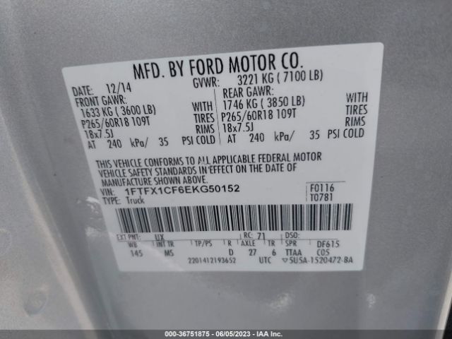 1FTFX1CF6EKG50152 Ford F-150 Xl/xlt/stx/fx2/lariat