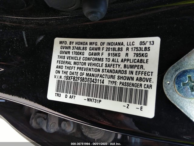 2013 HONDA CIVIC SDN LX VIN: 19XFB2F58DE043114