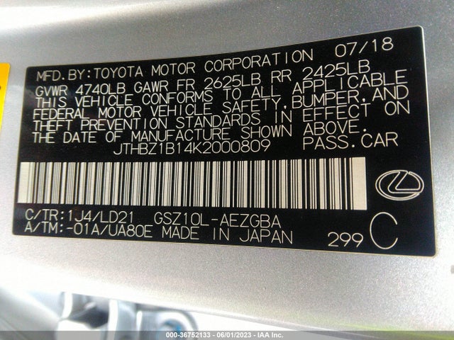 JTHBZ1B14K2000809 Lexus Es Es 350