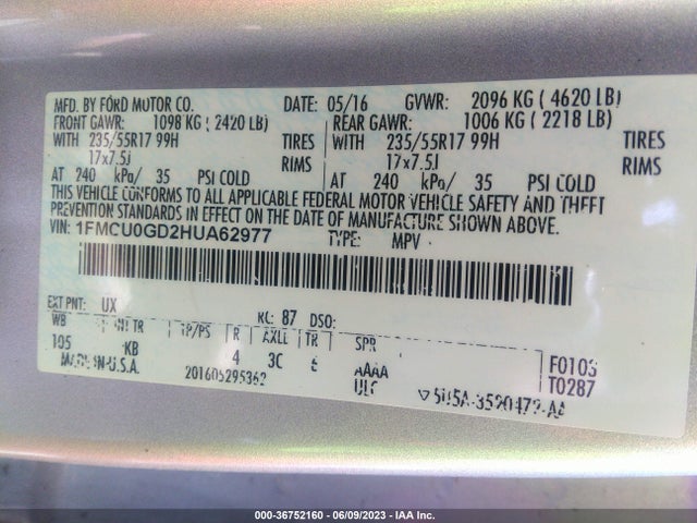 Ford ESCAPE SE 2017 1FMCU0GD2HUA62977 Image 9