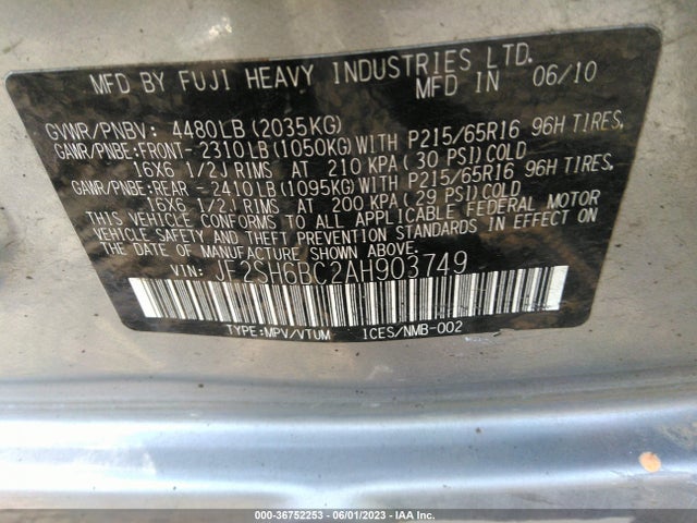 2010 SUBARU FORESTER 2.5X VIN: JF2SH6BC2AH903749