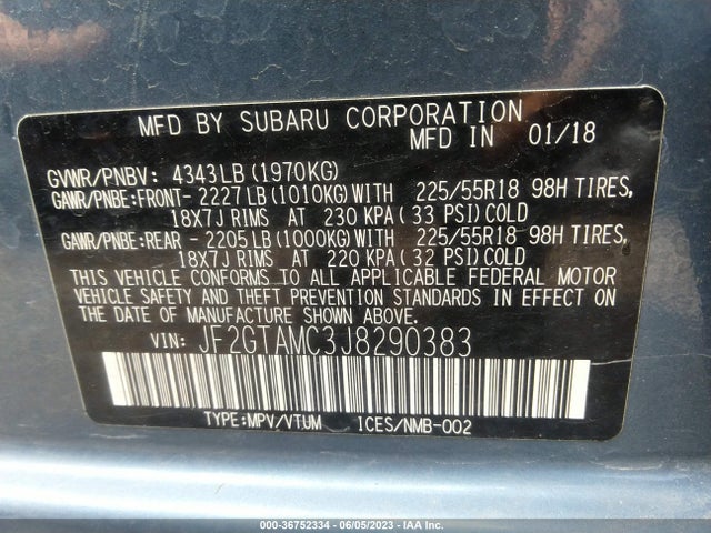 2018 SUBARU CROSSTREK LIMITED VIN: JF2GTAMC3J8290383