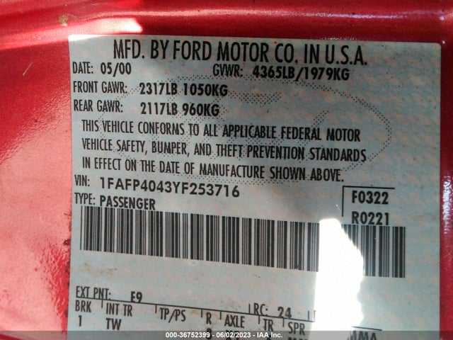 2000 FORD MUSTANG VIN: 1FAFP4043YF253716