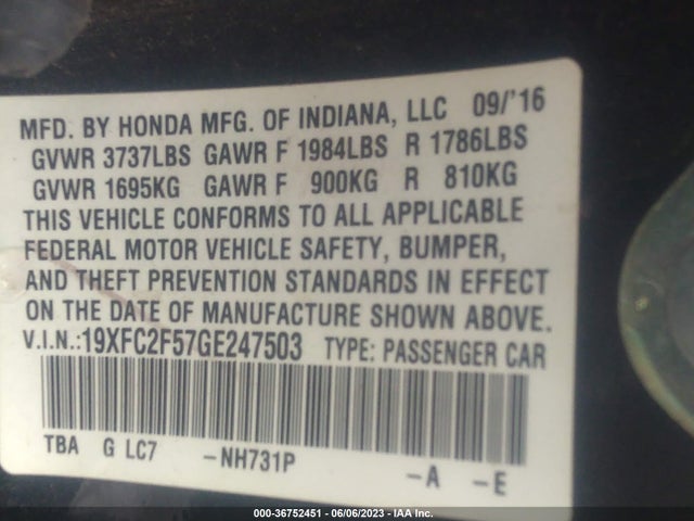 Honda Civic Sedan Lx 2016 19XFC2F57GE247503 Image 10