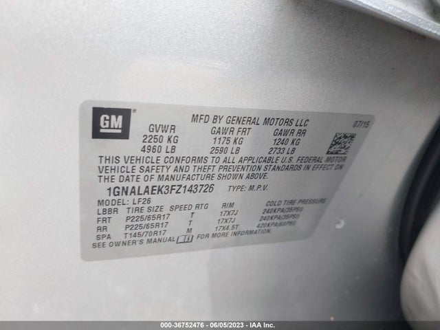 2015 CHEVROLET EQUINOX LS VIN: 1GNALAEK3FZ143726