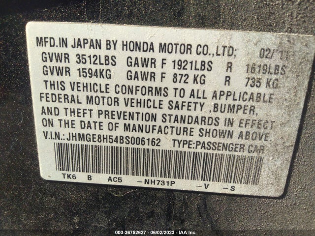 2011 HONDA FIT SPORT VIN: JHMGE8H54BS006162