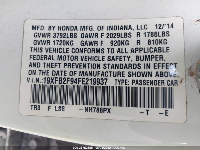 2015 HONDA CIVIC SEDAN EX-L VIN: 19XFB2F94FE219937