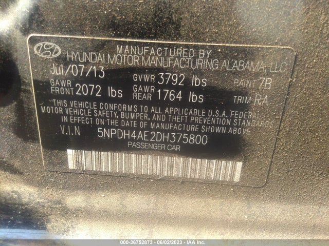 2013 HYUNDAI ELANTRA GLS VIN: 5NPDH4AE2DH375800