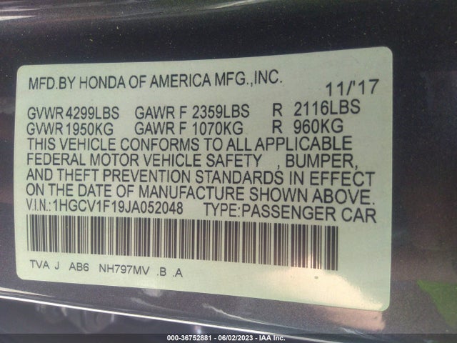 2018 HONDA ACCORD SEDAN LX 1.5T VIN: 1HGCV1F19JA052048