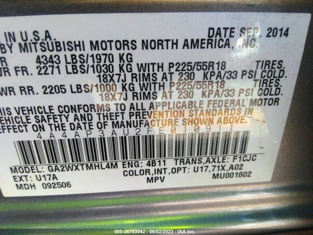 2015 MITSUBISHI OUTLANDER SPORT ES VIN: 4A4AP3AU2FE010911