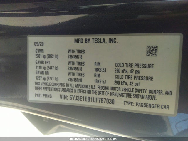 5YJ3E1EB1LF787030 Tesla Model 3 Long Range