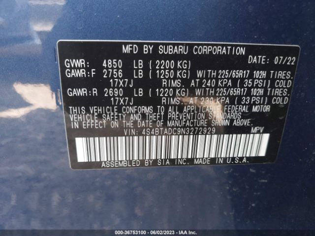 4S4BTADC9N3272929 Subaru Outback Premium