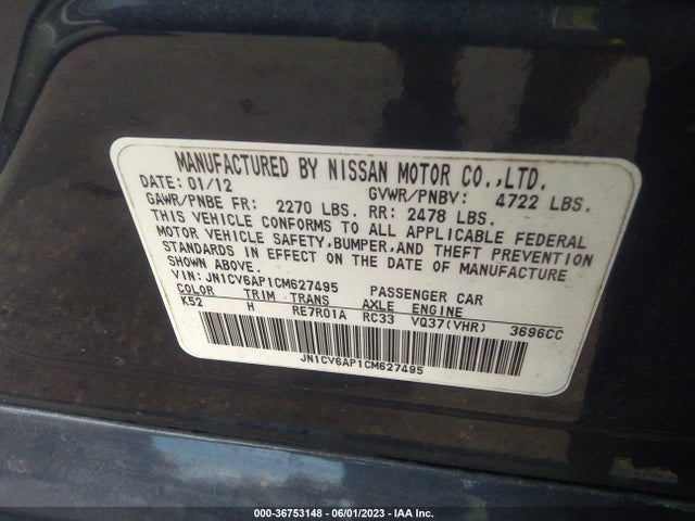 2012 INFINITI G37 SEDAN JOURNEY VIN: JN1CV6AP1CM627495