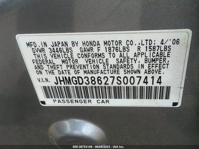2007 HONDA FIT SPORT VIN: JHMGD38627S007414