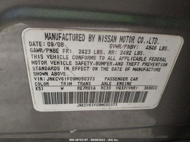 2009 INFINITI G37 SEDAN X VIN: JNKCV61F09M050373