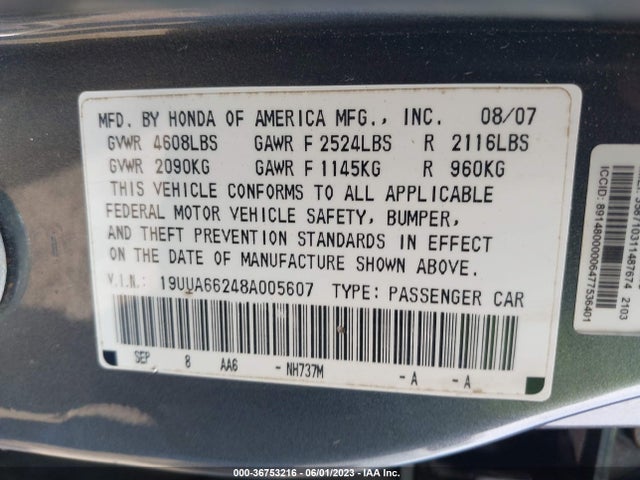 2008 ACURA TL VIN: 19UUA66248A005607