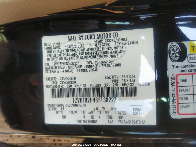 2008 FORD MUSTANG GT VIN: 1ZVHT82H485138227