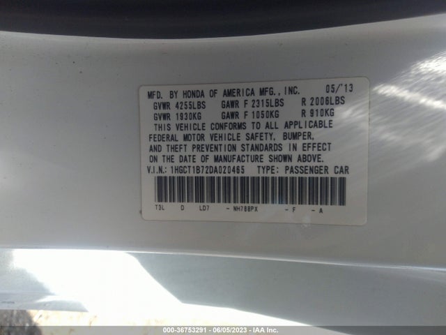 2013 HONDA ACCORD CPE EX VIN: 1HGCT1B72DA020465