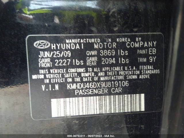 2009 HYUNDAI ELANTRA GLS PZEV VIN: KMHDU46DX9U819106