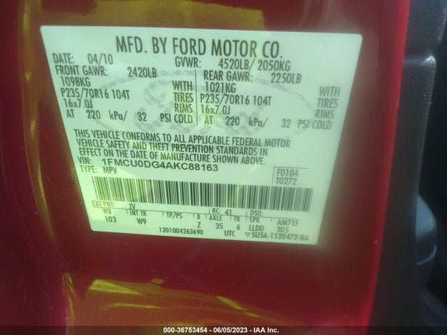 Продажа на аукционе авто 2010 Ford Escape Xlt, vin: 1FMCU0DG4AKC88163, номер лота: 36753454