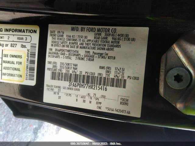 Ford FUSION SE 2017 3FA6P0H77HR215416 Image 9