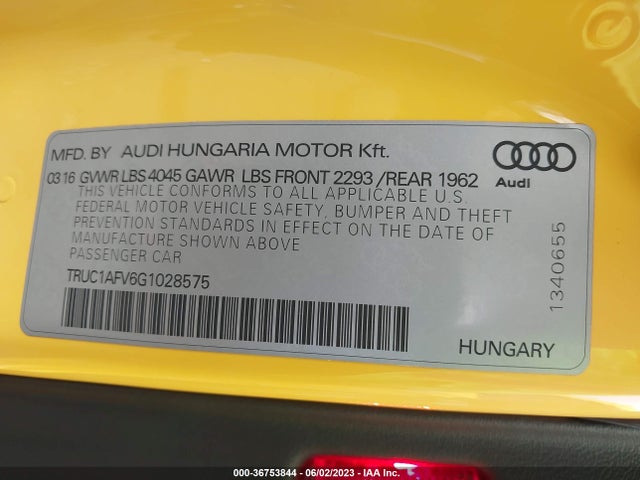 2016 Audi TT, VIN: TRUC1AFV6G1028575