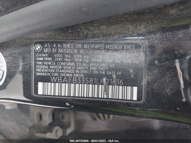 2001 BMW X5 4.4I VIN: WBAFB33581LH21616